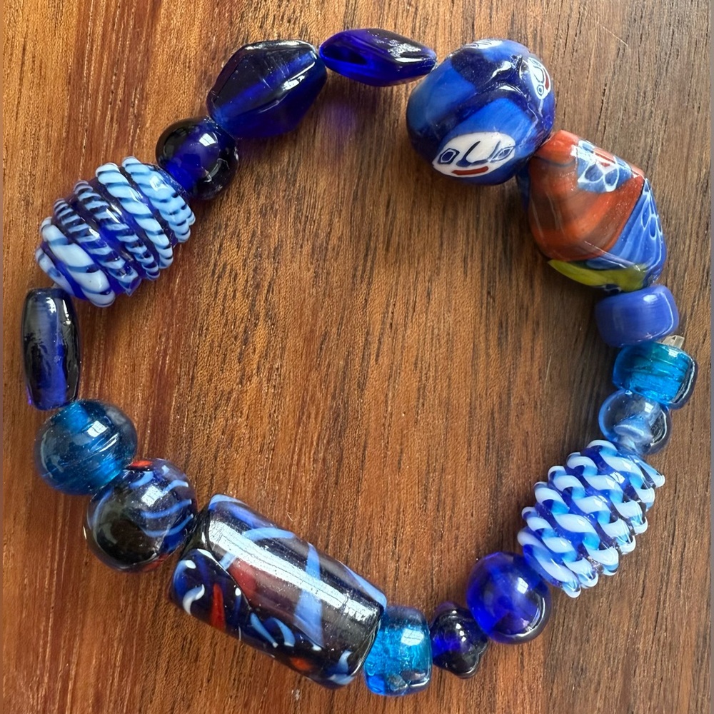 Blue and Multicolor Beaded Bracelet Art Glass Stretch